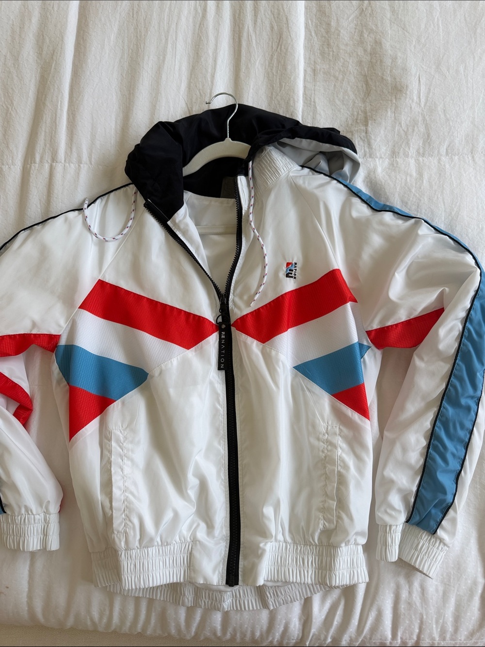 P.E Nation White Hooded Utility Jacket with Red & Blue Panels